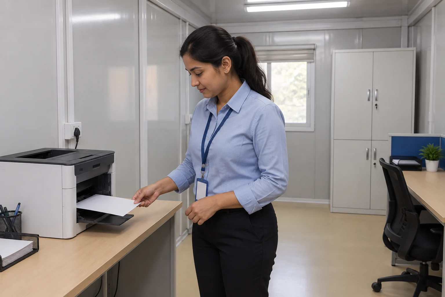 Ein Büroangestellter entnimmt einem Desktop-Drucker ein leeres bedrucktes Blatt.