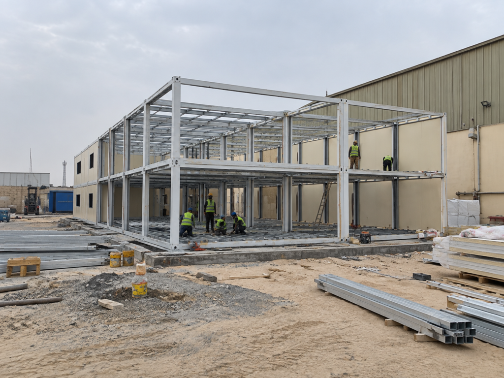 Structure de bureaux en conteneurs au rez-de-chaussée, à côté d'un atelier industriel à Riyad