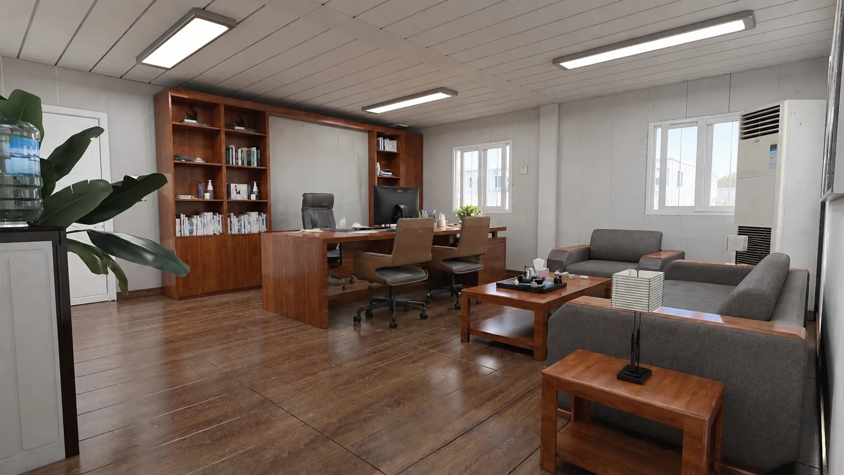 Referenzbüro-Interieur mit Schreibtisch, Bücherregalen und Lounge-Sitzgelegenheiten.