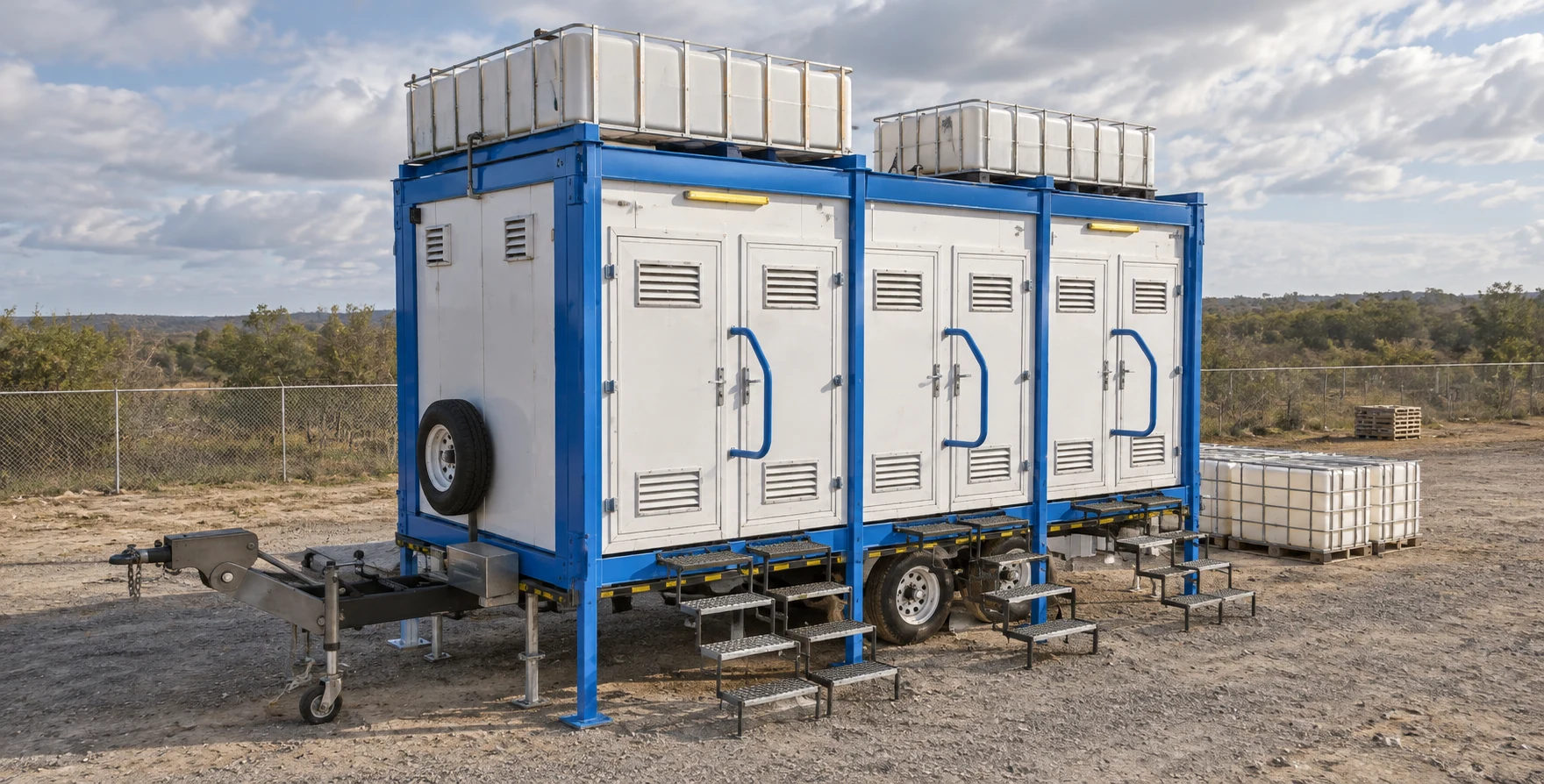 Reference view of a blue-framed sanitation trailer with separate doors, entrance steps and roof tanks.