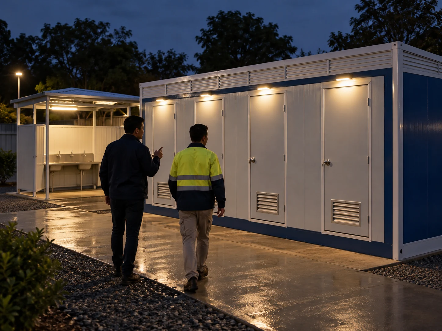 Two staff members walking along a lit toilet-block entrance after dark