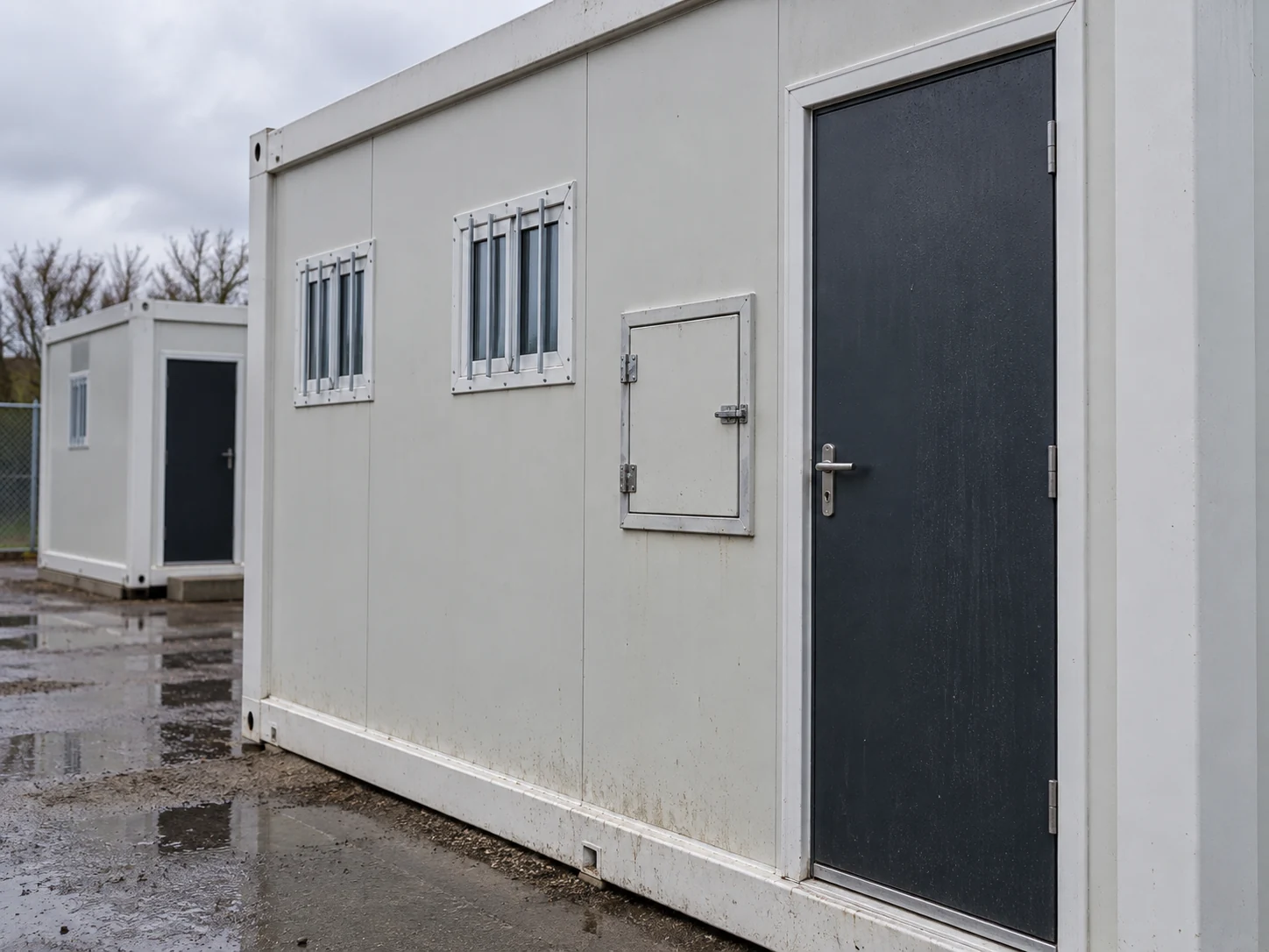 A closed small service hatch on a sanitation-block wall beside its entrance