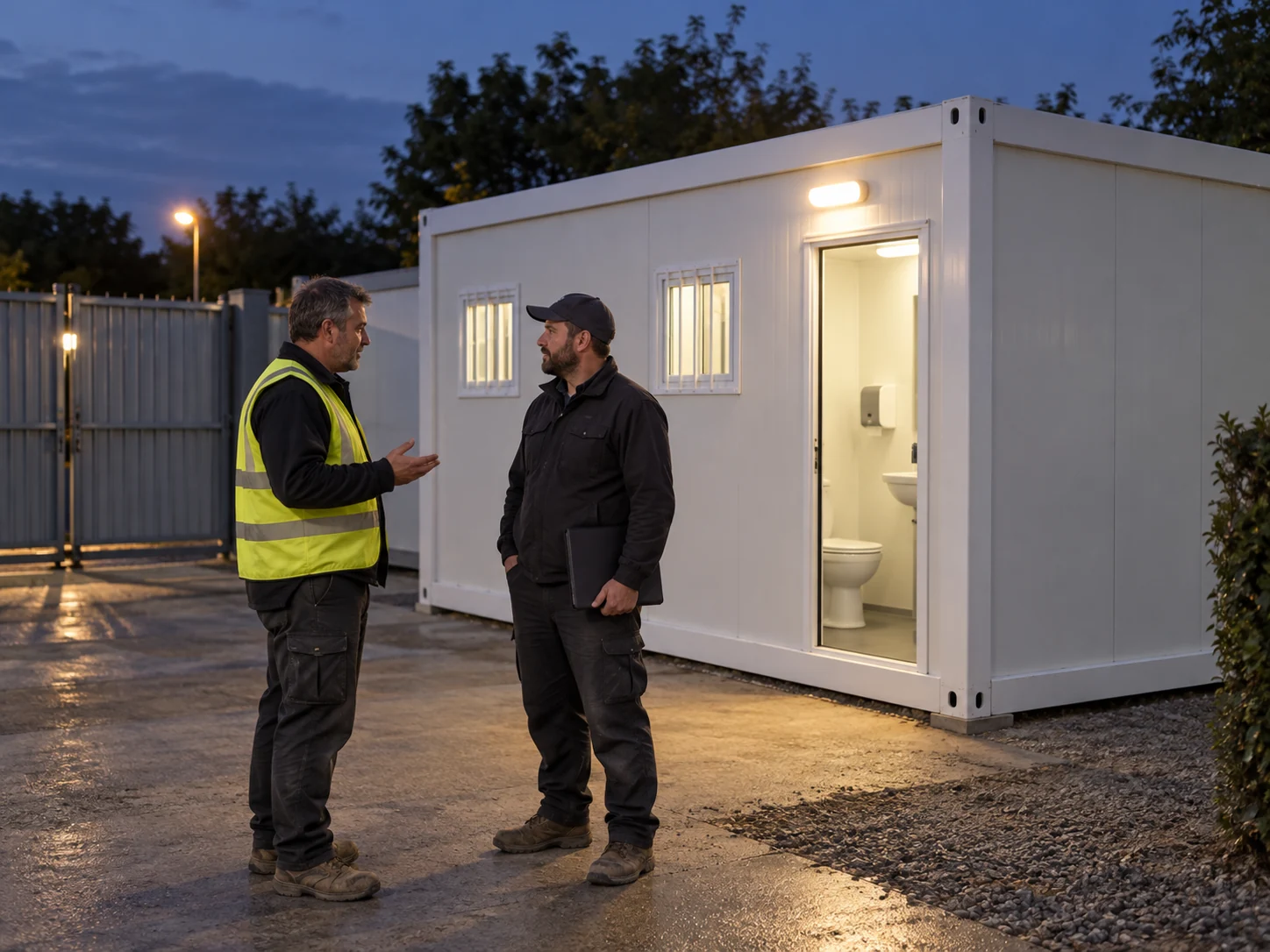 Two staff members in work clothing speaking beside a toilet block in the evening