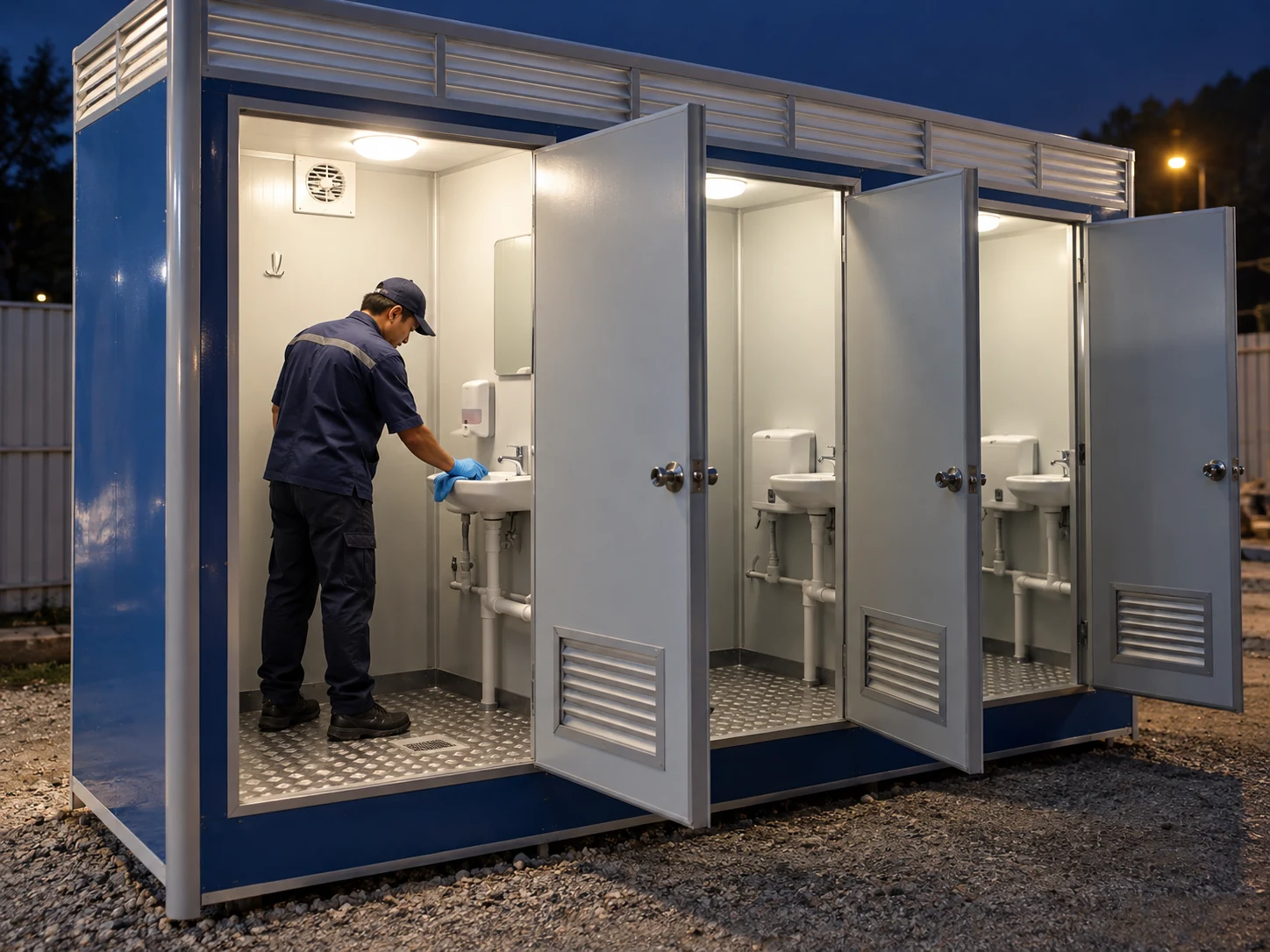 A cleaner wiping the washbasin area in a modest lit sanitation room after dark