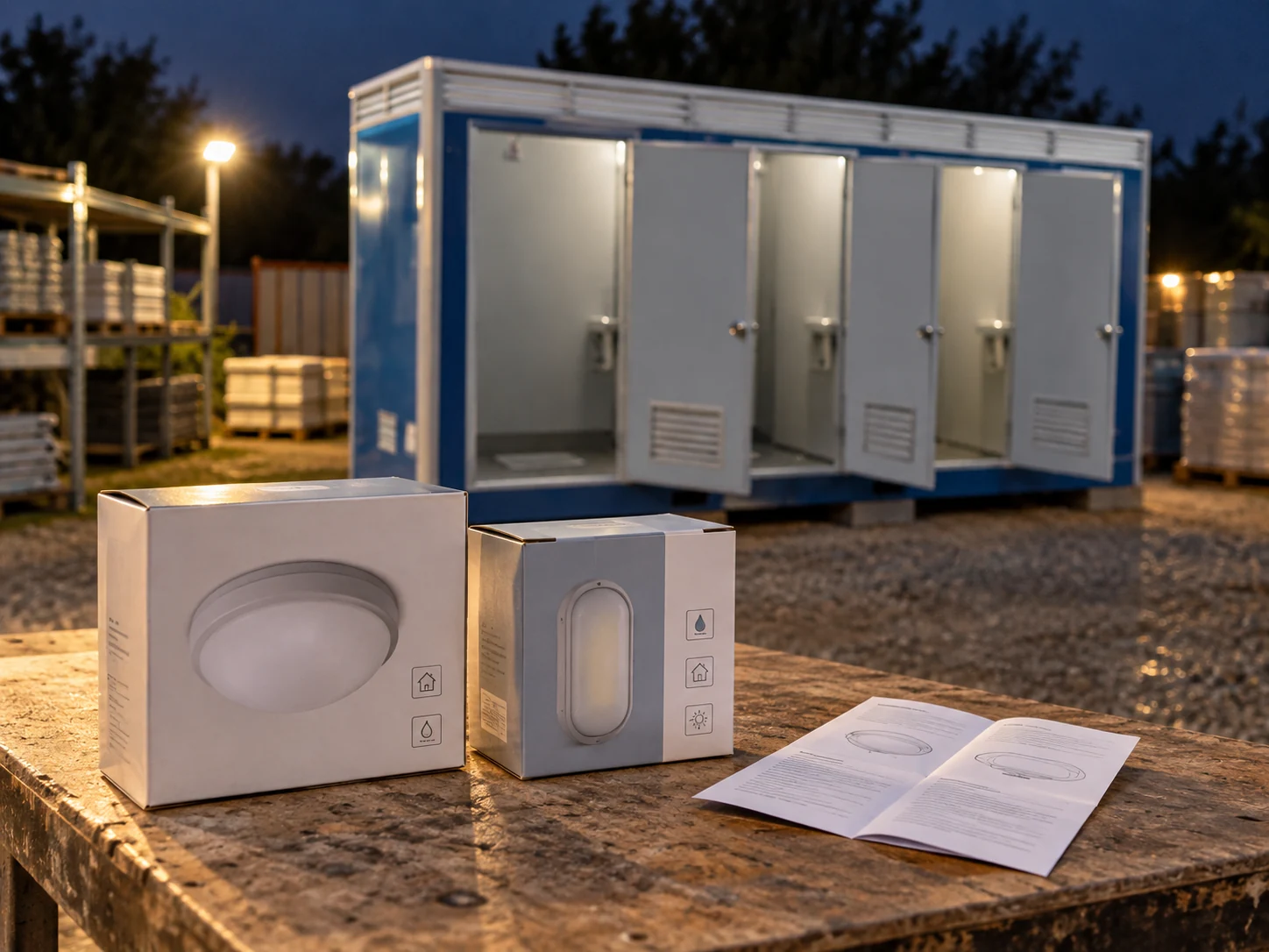 Two closed replacement-light packages beside delivery paperwork on a modest workbench