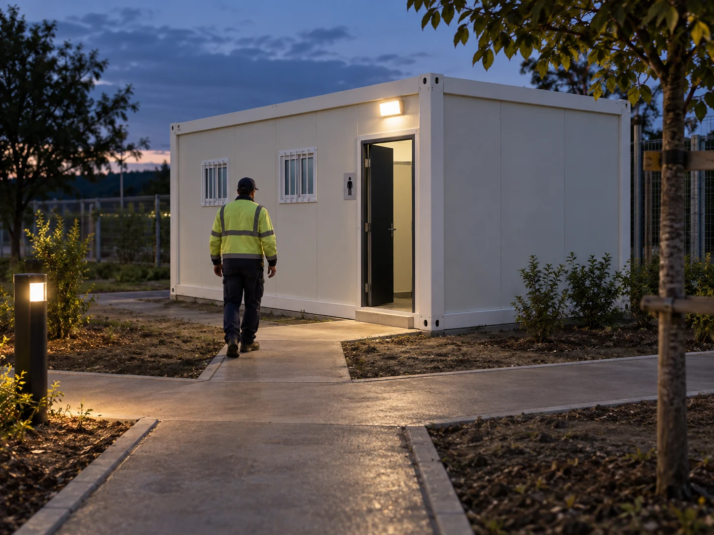 A pedestrian route junction leading toward a modest toilet block after dusk