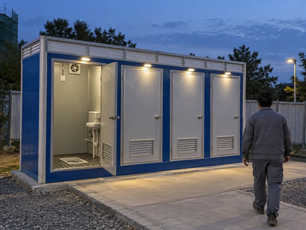 A modest prefabricated toilet block with open and closed doors beside a pedestrian approach at twilight
