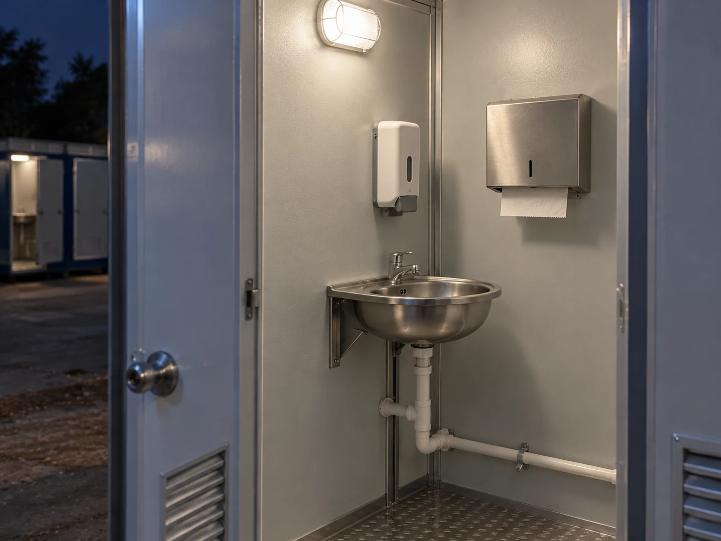 A small ordinary washbasin with a soap dispenser and paper-towel holder under a practical light