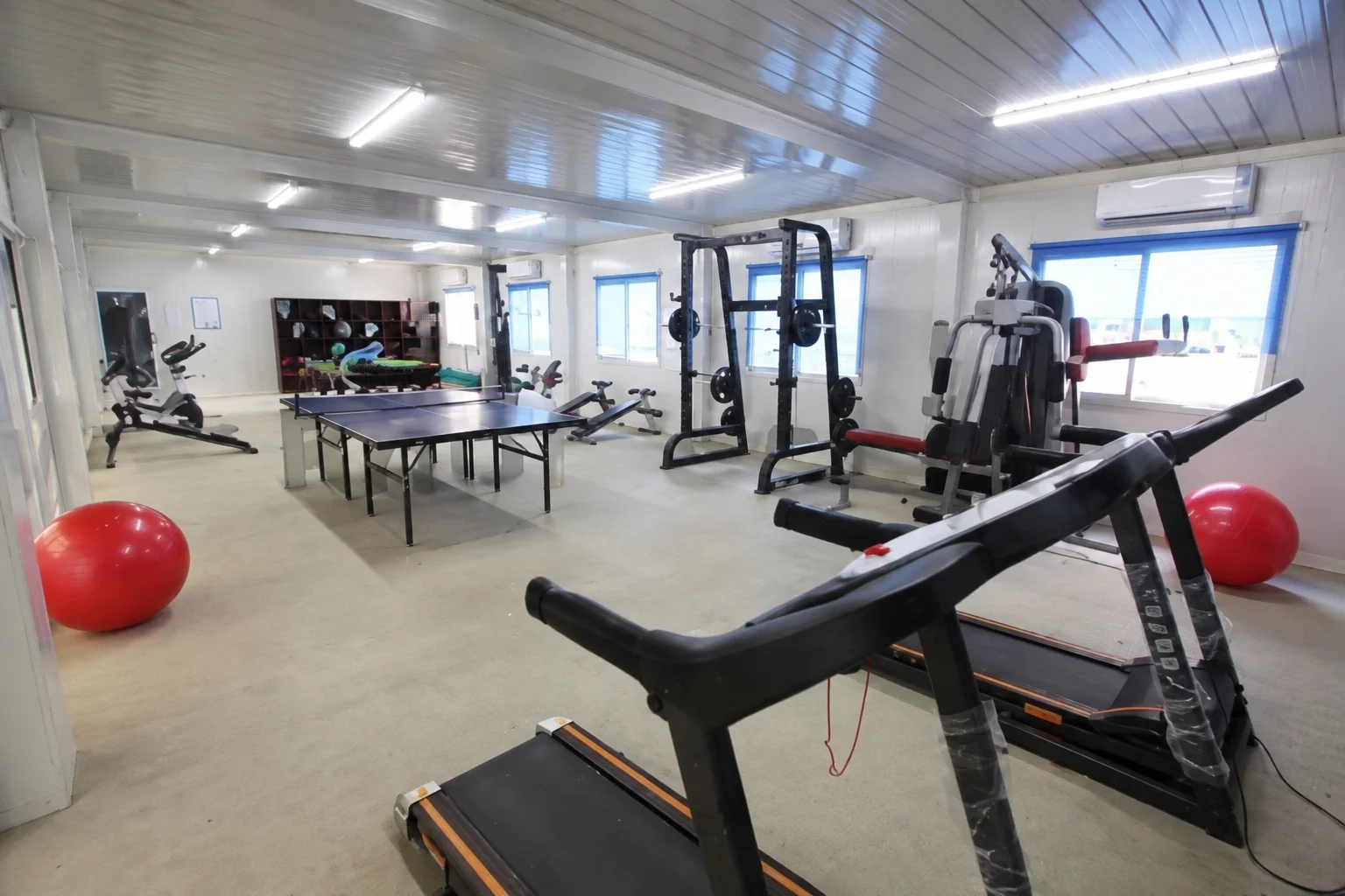 Referenz-Freizeitraum mit Fitnessgeräten und einer Tischtennisplatte.