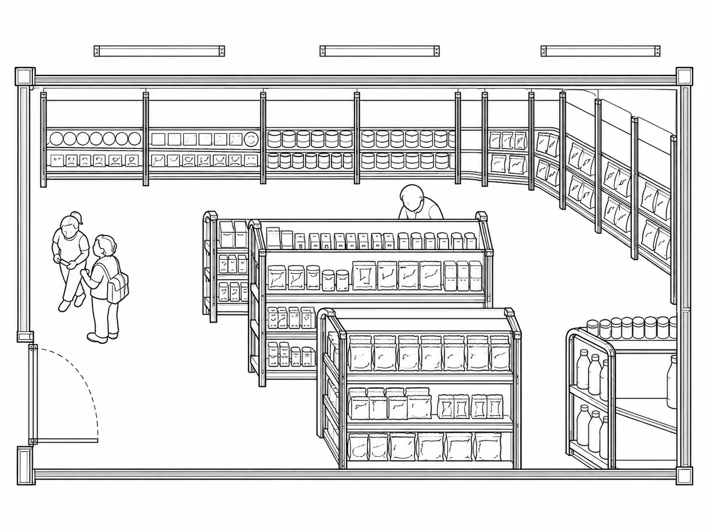 Referenzlinienzeichnung eines Ladenlayouts mit Regalen, Theken und Kundenfiguren.