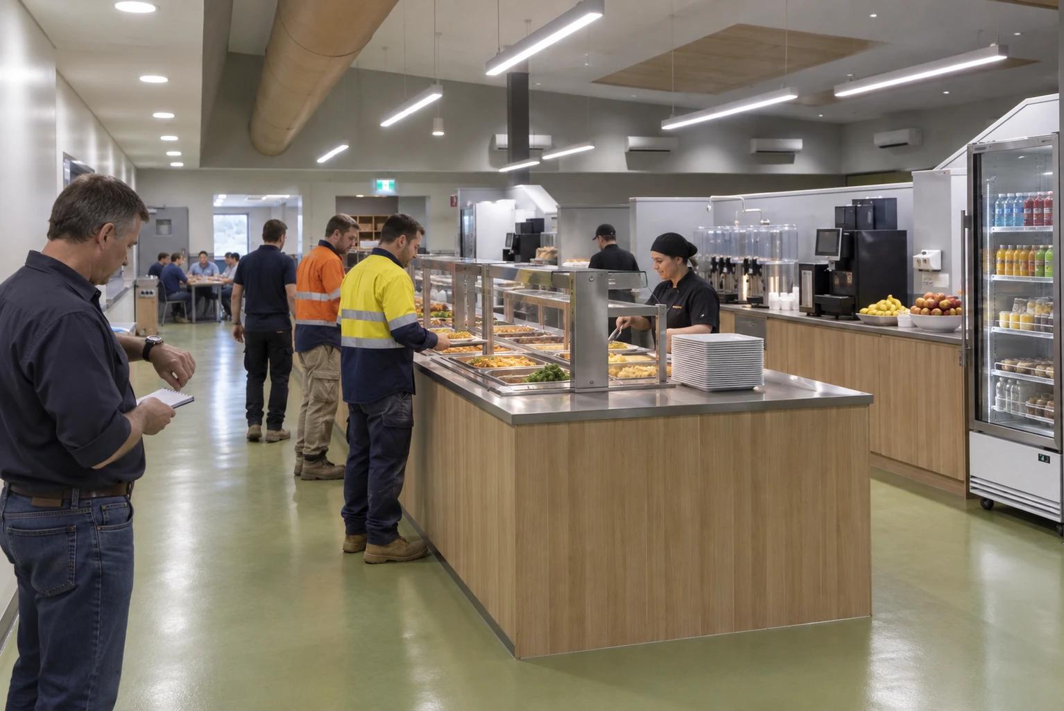 Observer recording staggered arrivals beside a camp servery