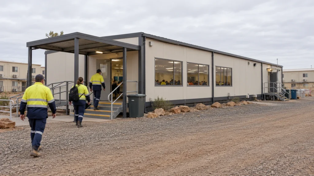 Workers approaching a covered guest entrance at an illustrative modular mining camp dining hall
