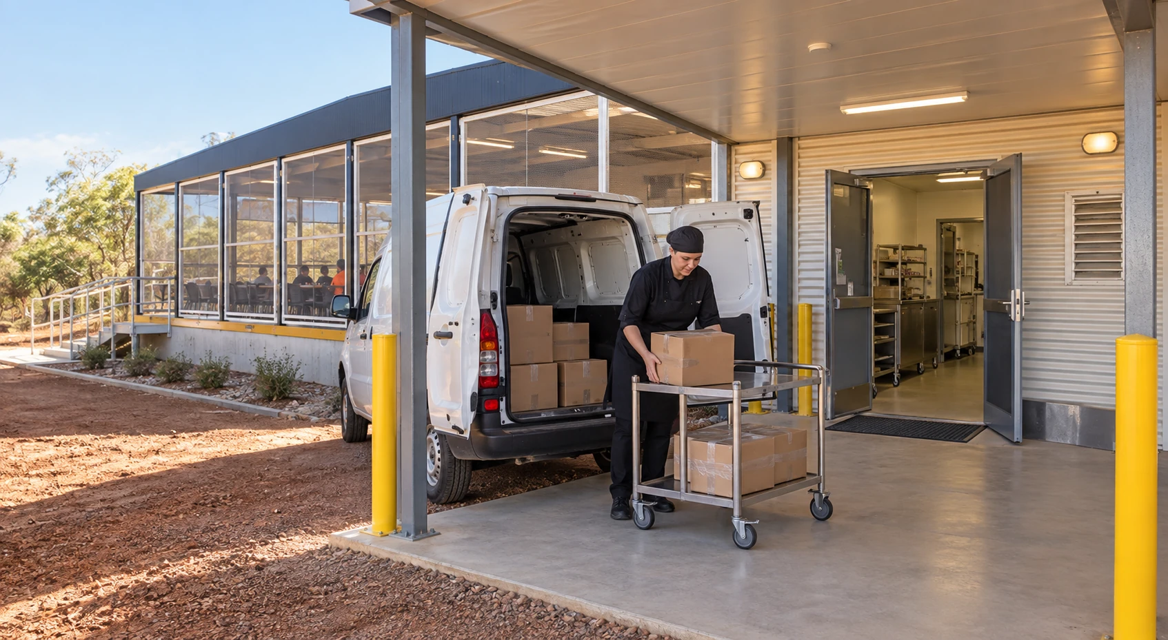 Packaged supplies received at a separate modular service entrance