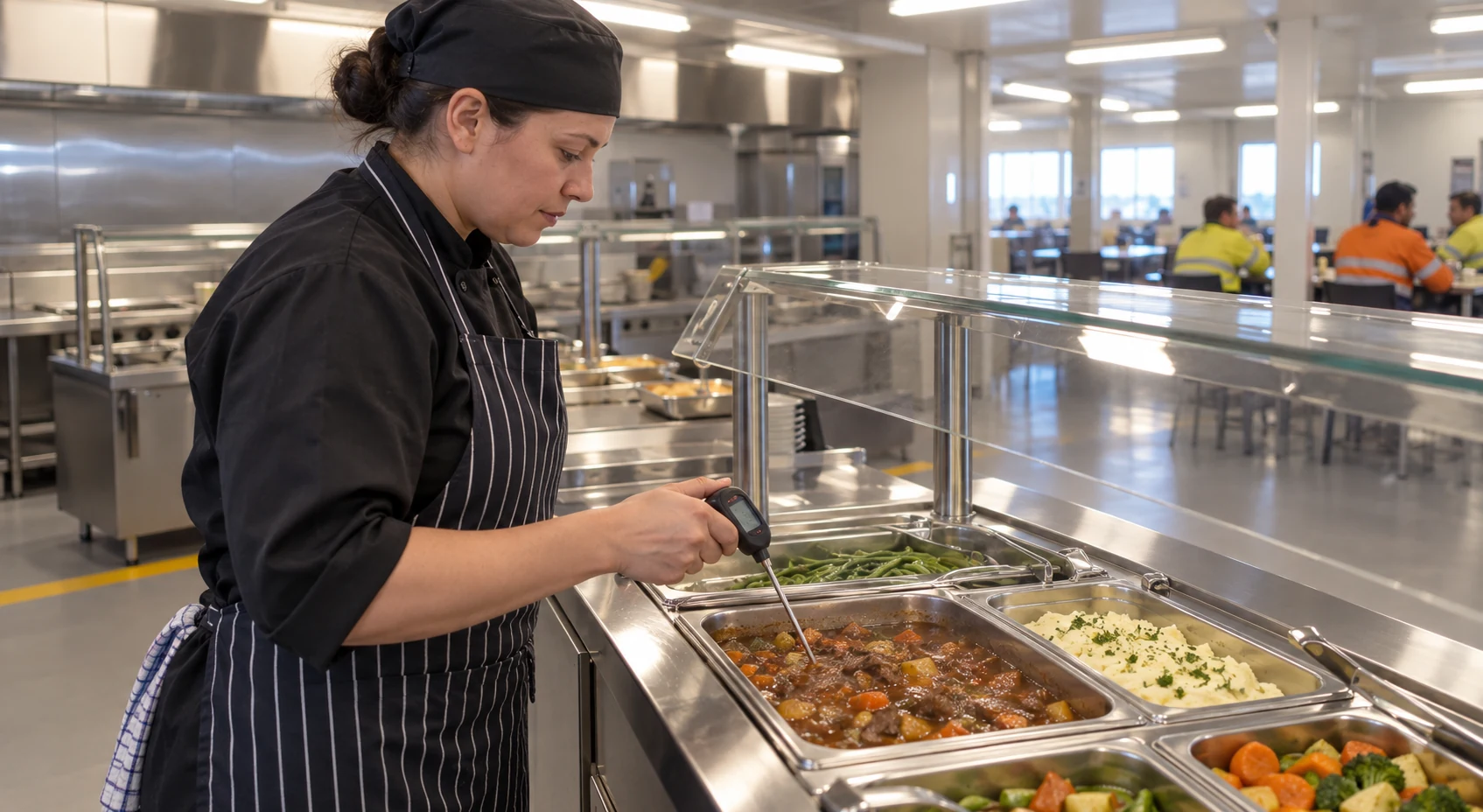 Catering employee checking one prepared food pan with a probe