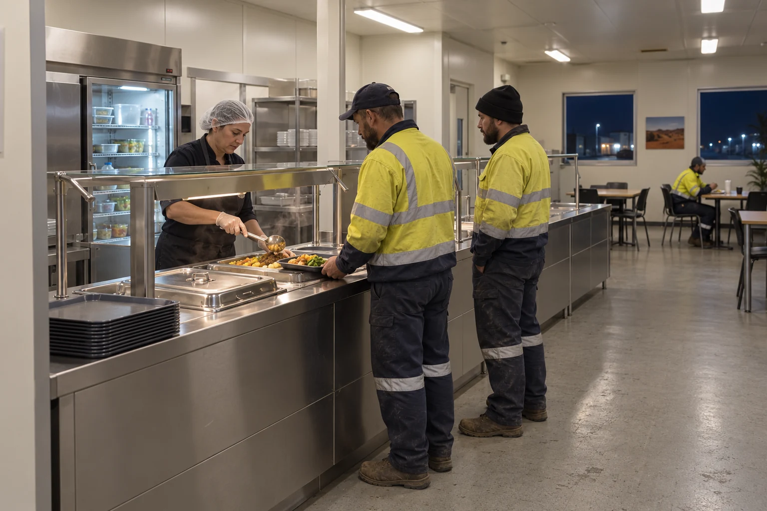 Attended small night-shift meal service at a stainless steel camp canteen counter