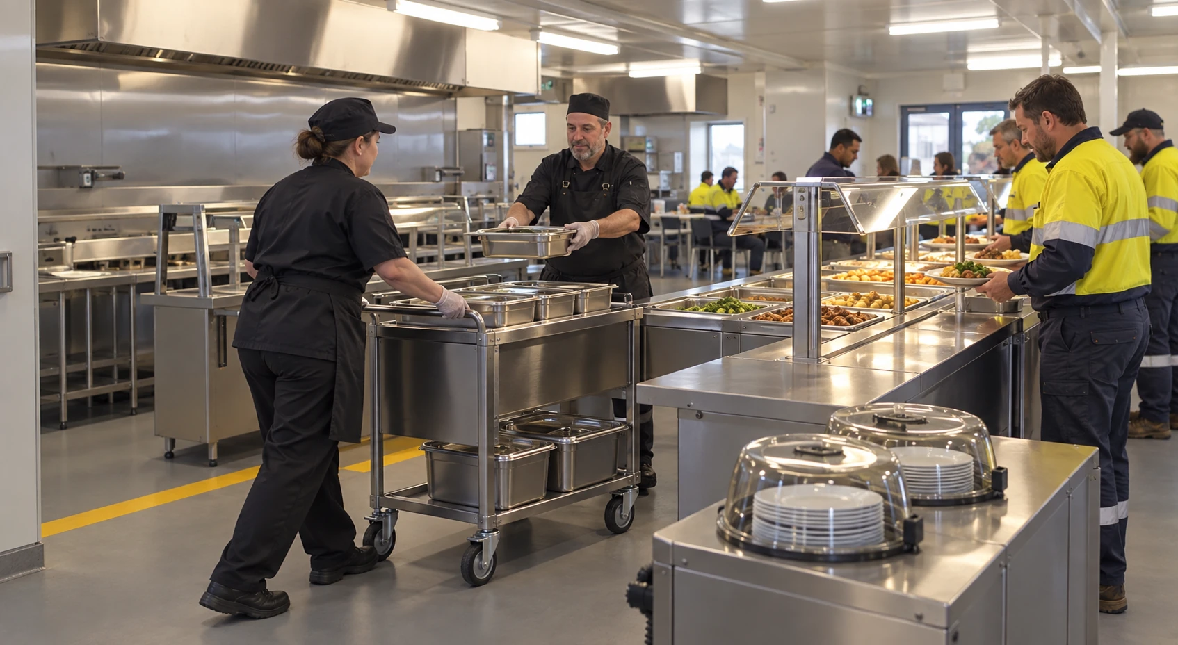 Covered food pans replenished from the staff side of a buffet