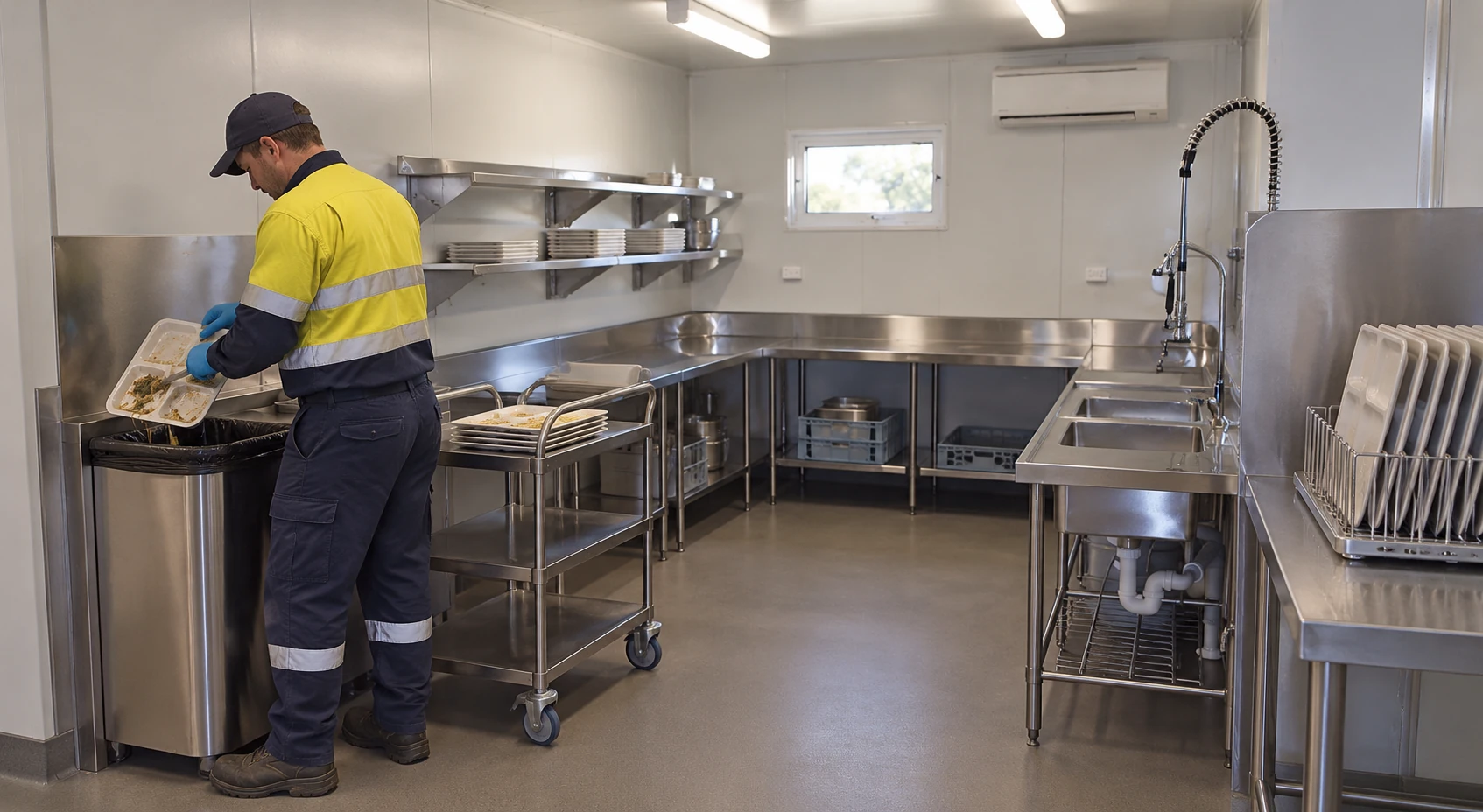 Used trays scraped into a waste bin beside a separate washing and clean storage area