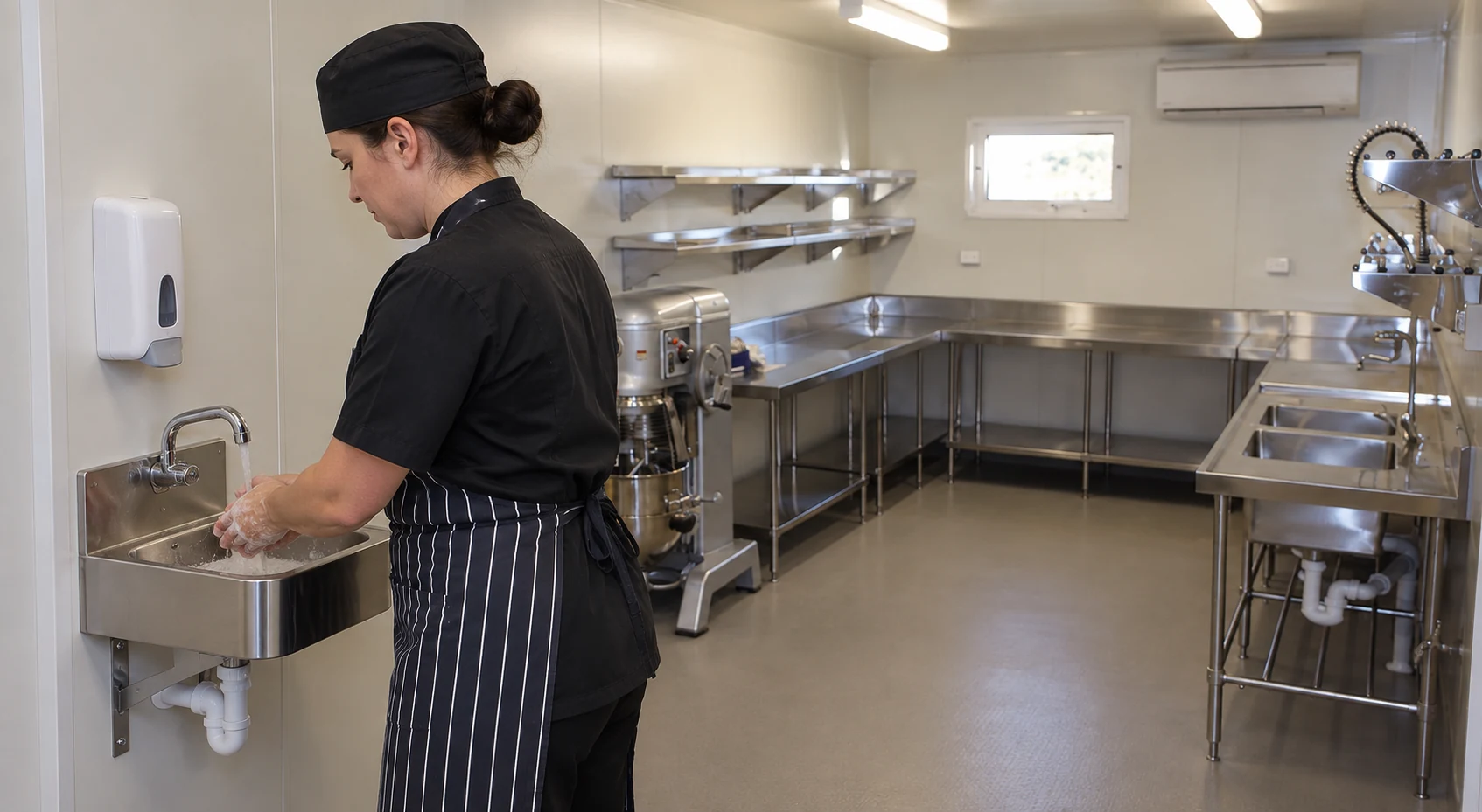 Kitchen employee using an unobstructed dedicated handwashing basin