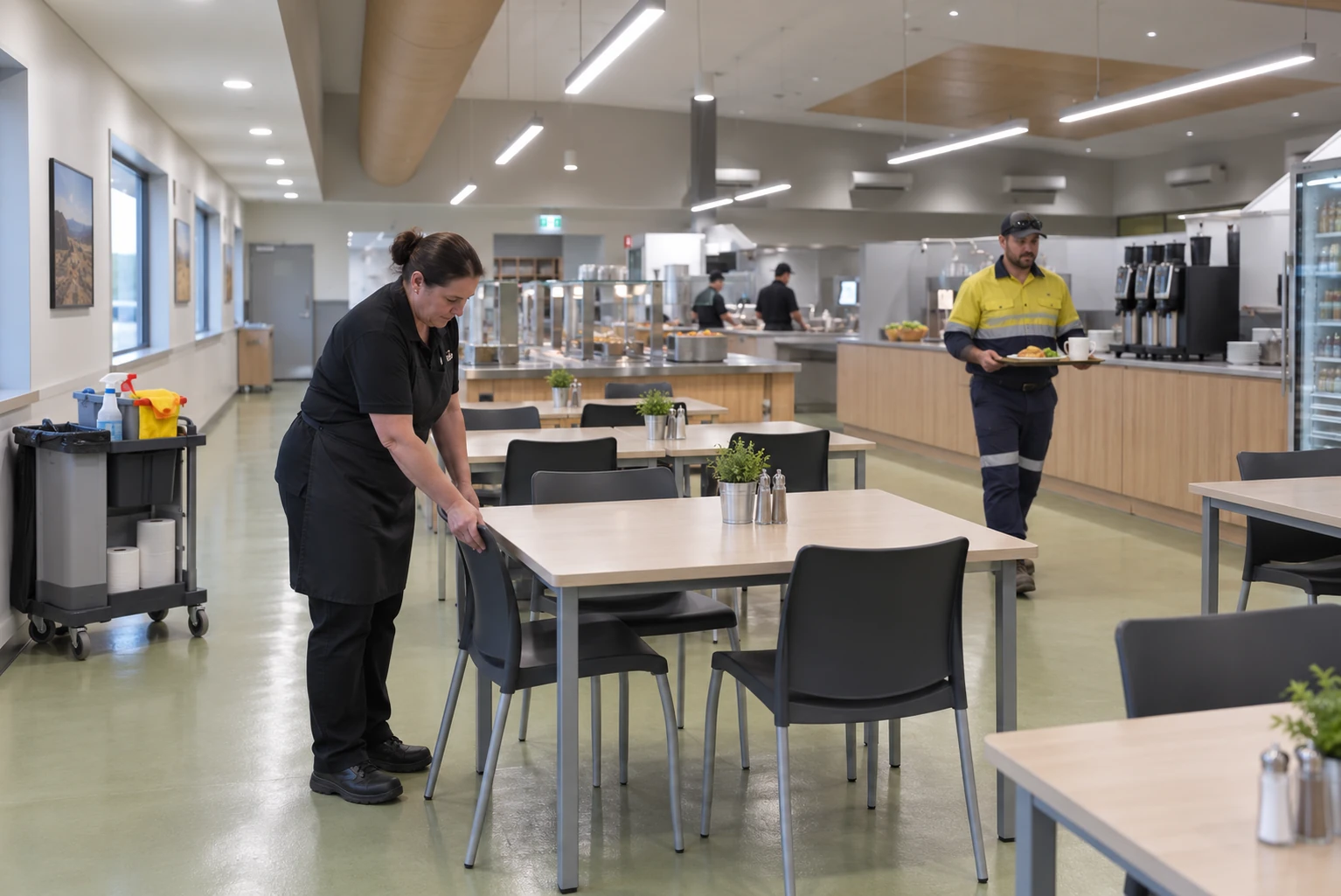 Clean table and chair positions checked before the next meal wave