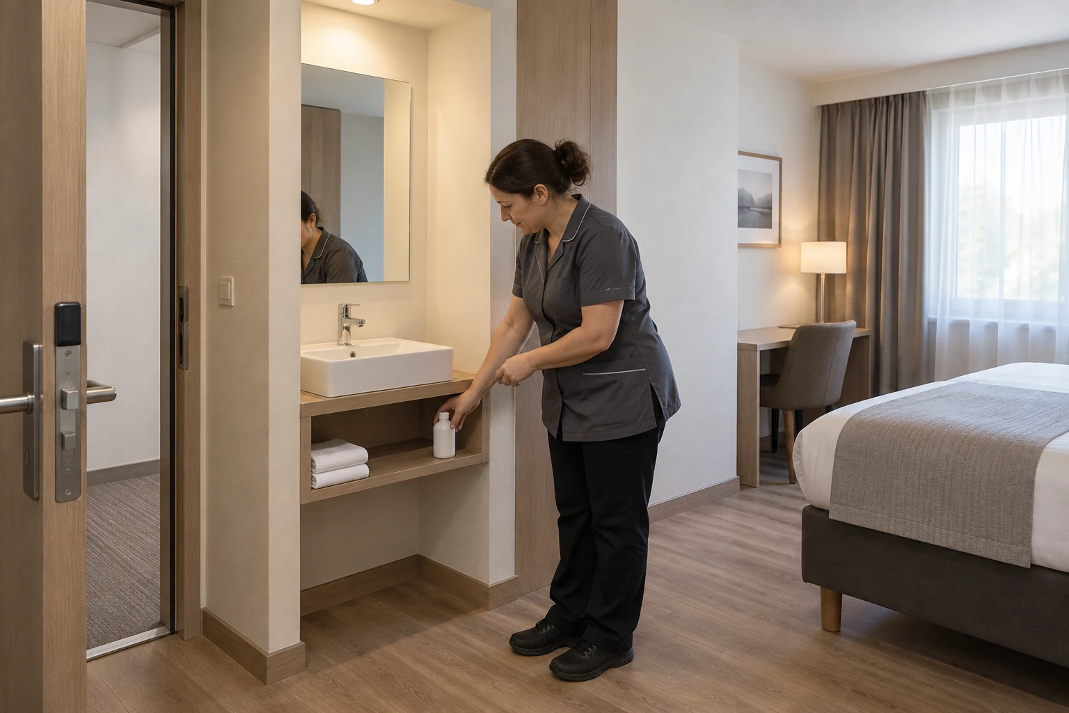 A housekeeper reaches a small open shelf beside the entry basin to restock an unopened soap supply.