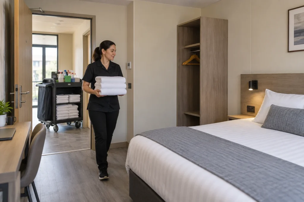 Illustrative cleaner bringing clean towels into an ordinary modular hotel guest room from a cart outside the doorway