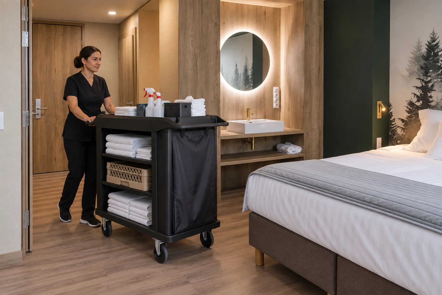 Housekeeper guiding a working supply cart through a hotel room doorway during a route trial