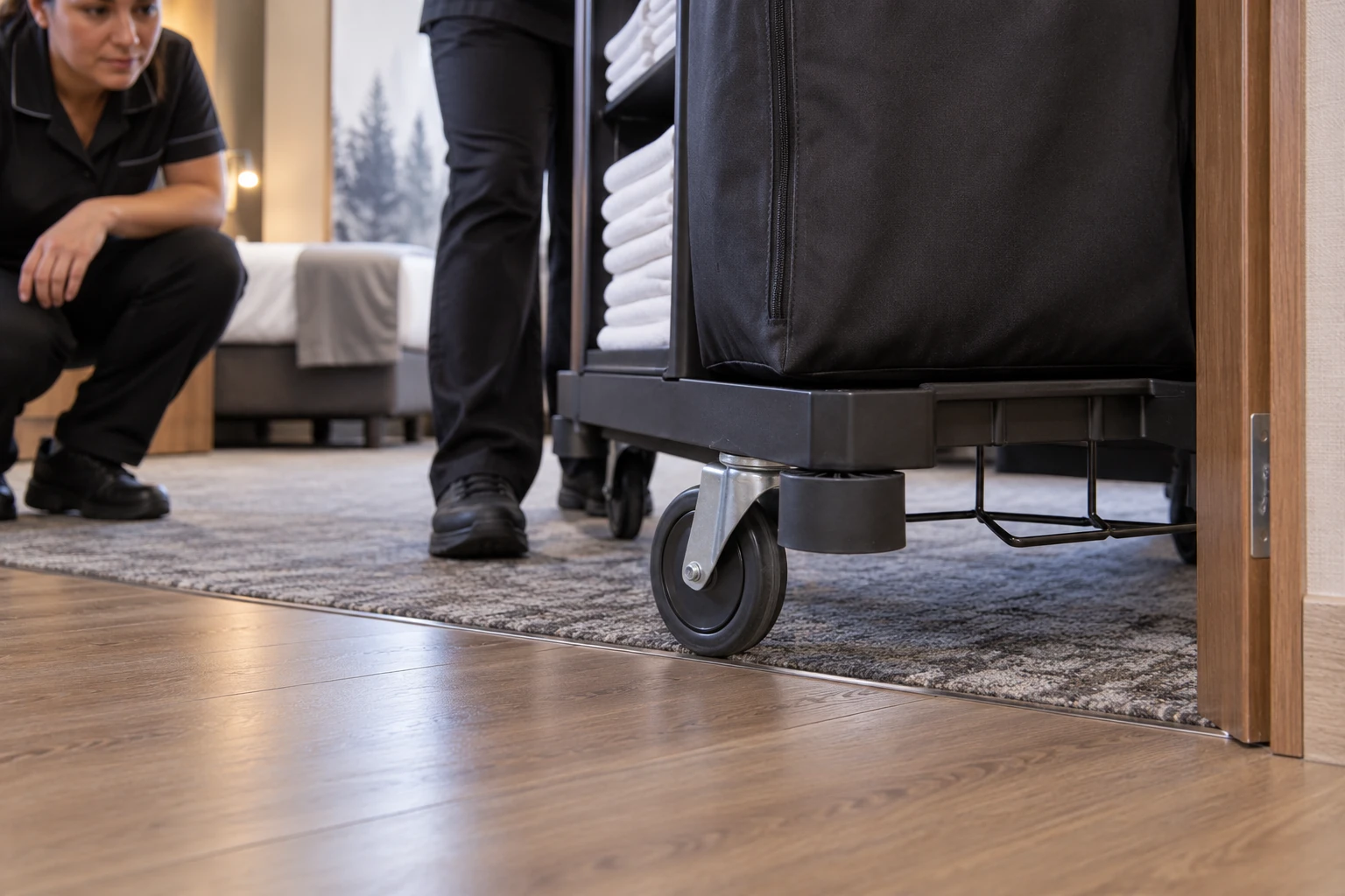 A housekeeping cart caster crossing a level floor joint while an employee watches the wheel