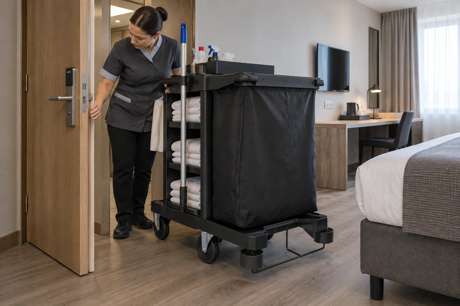 Illustrative check of a housekeeping cart’s bag frame, tools and wheel projections beside a guest-room doorway