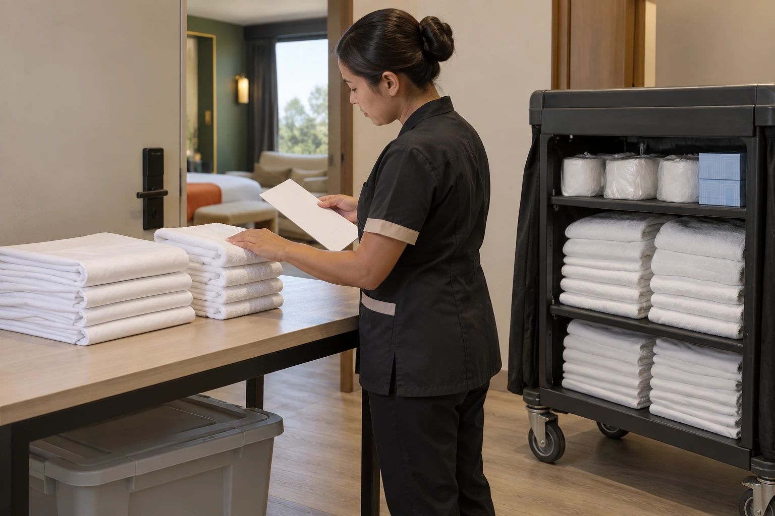 Housekeeper checking folded clean linen at a separate receiving work surface beside a supply cart