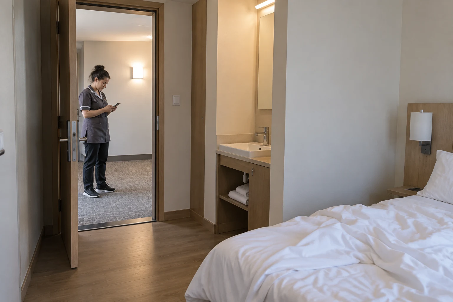 A housekeeper pauses outside a guest-room threshold to check room status on a phone before entering.