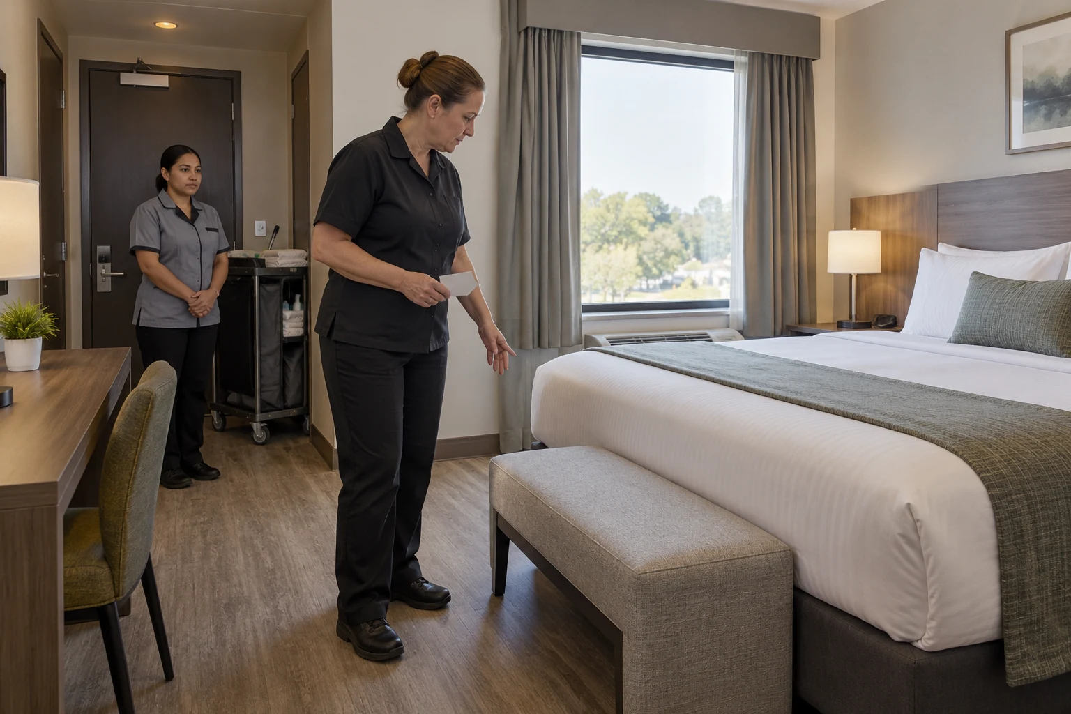 Illustrative supervisor inspecting a cleaned guest room before its status is handed to reception