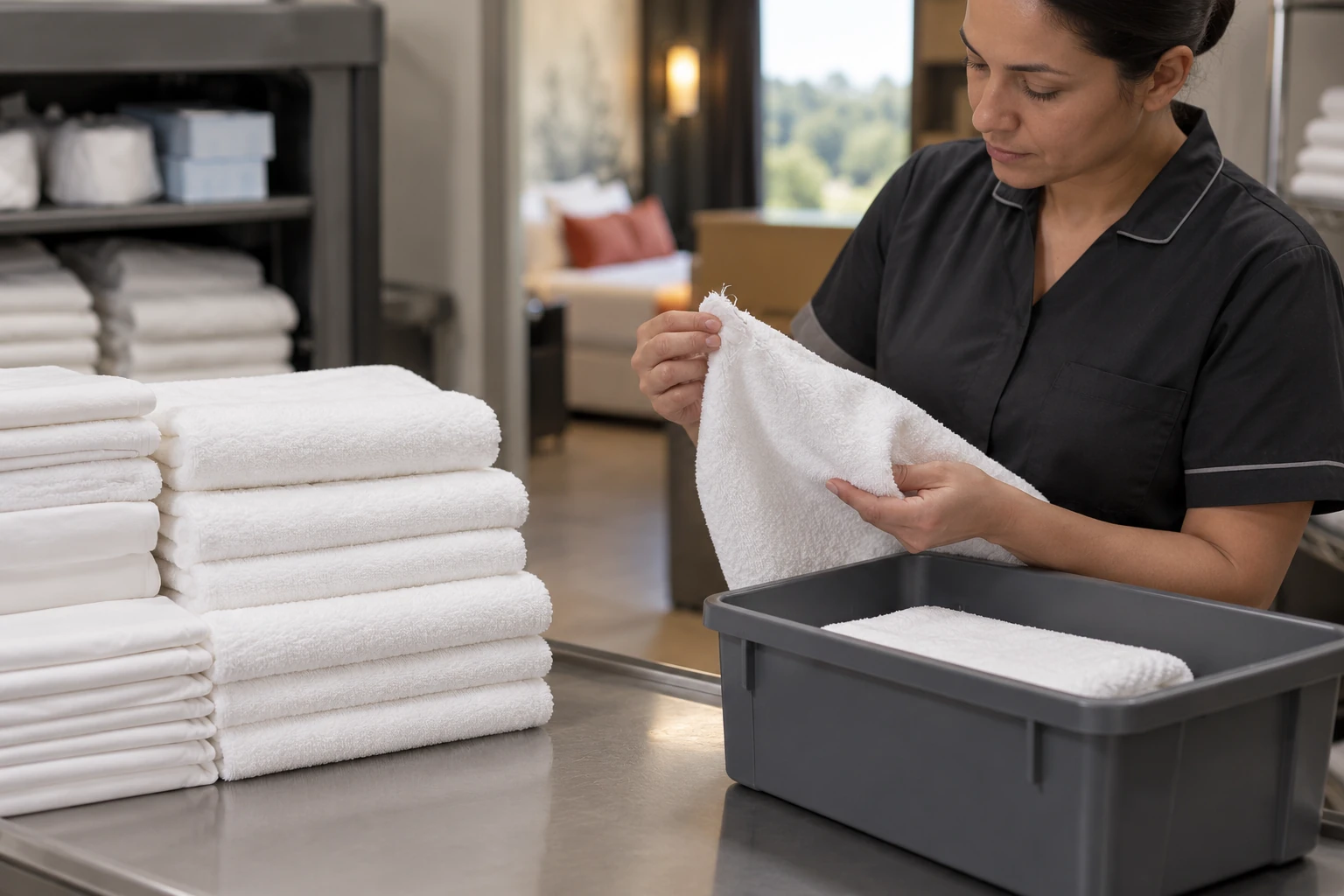 Usable folded linen separated from a single frayed towel held for review in a different tote