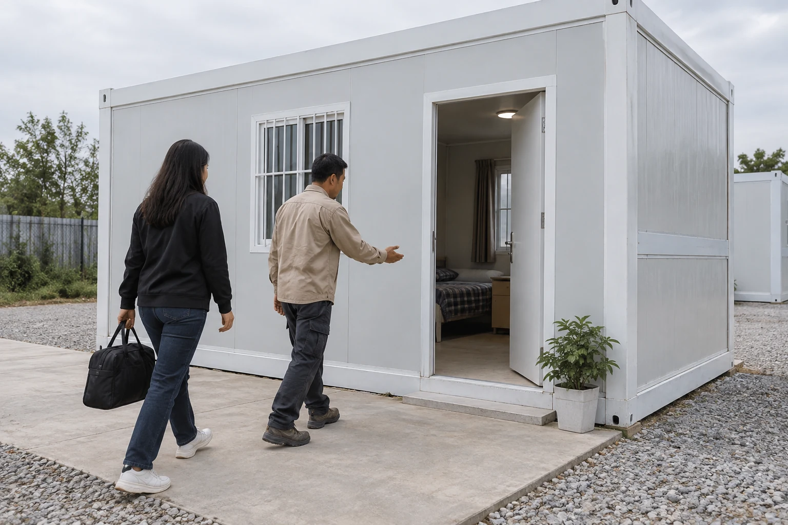 Operator and resident walking the everyday approach to a finished modular housing entrance