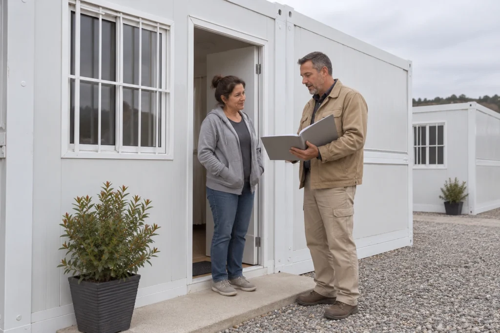 Generated illustration of a housing coordinator explaining a handover folder at an ordinary modular accommodation entrance