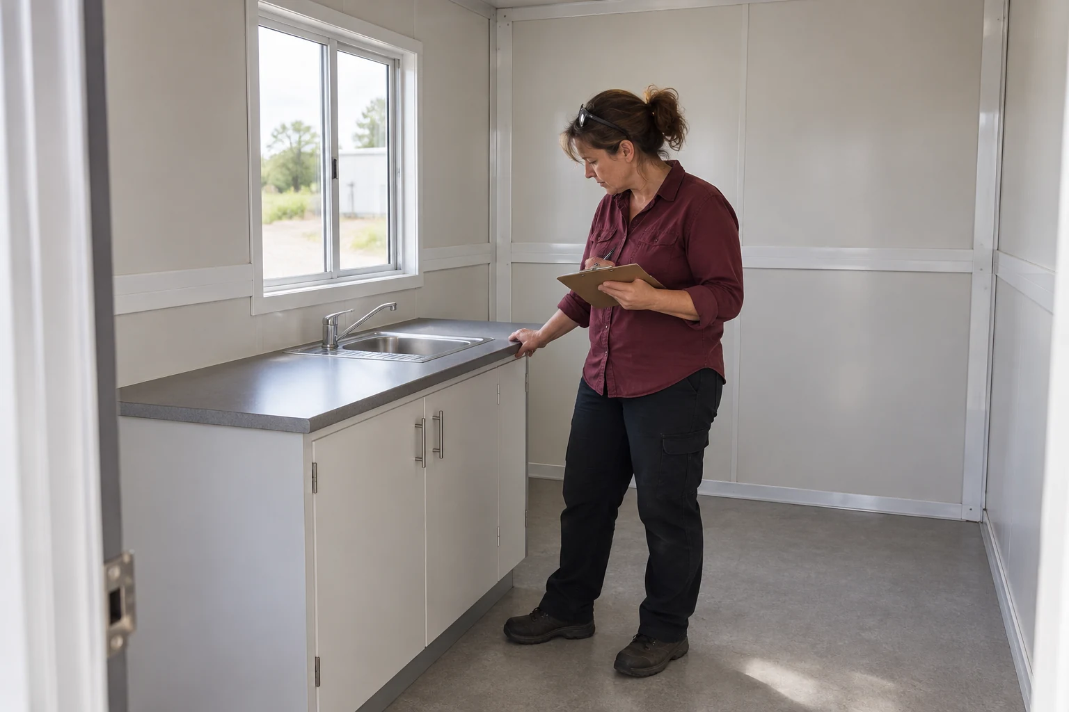 Coordinator observing a fitted worktop and recording its condition inside a finished modular room