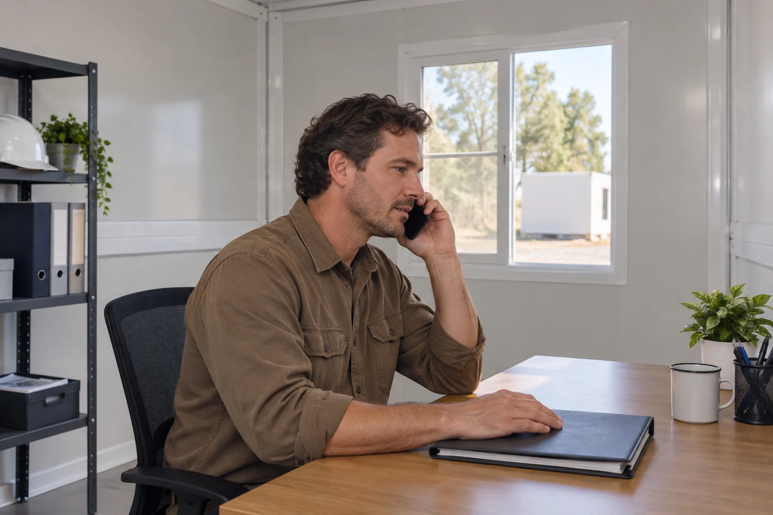 Generated illustration of an accommodation duty coordinator making a maintenance coordination phone call with a closed unit record folder beside them