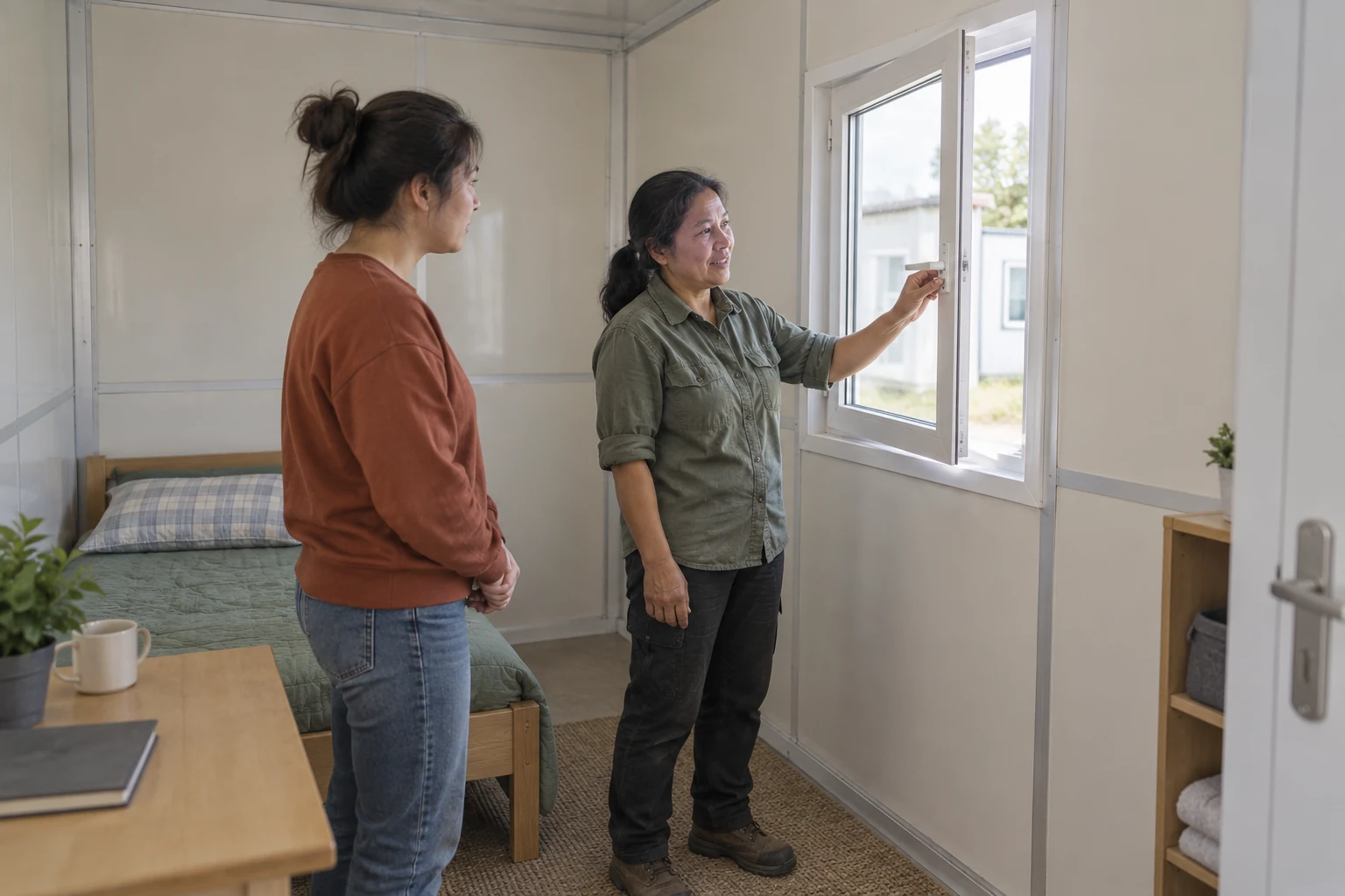 Generated illustration of a coordinator demonstrating ordinary window-latch operation to a resident in a modular accommodation room