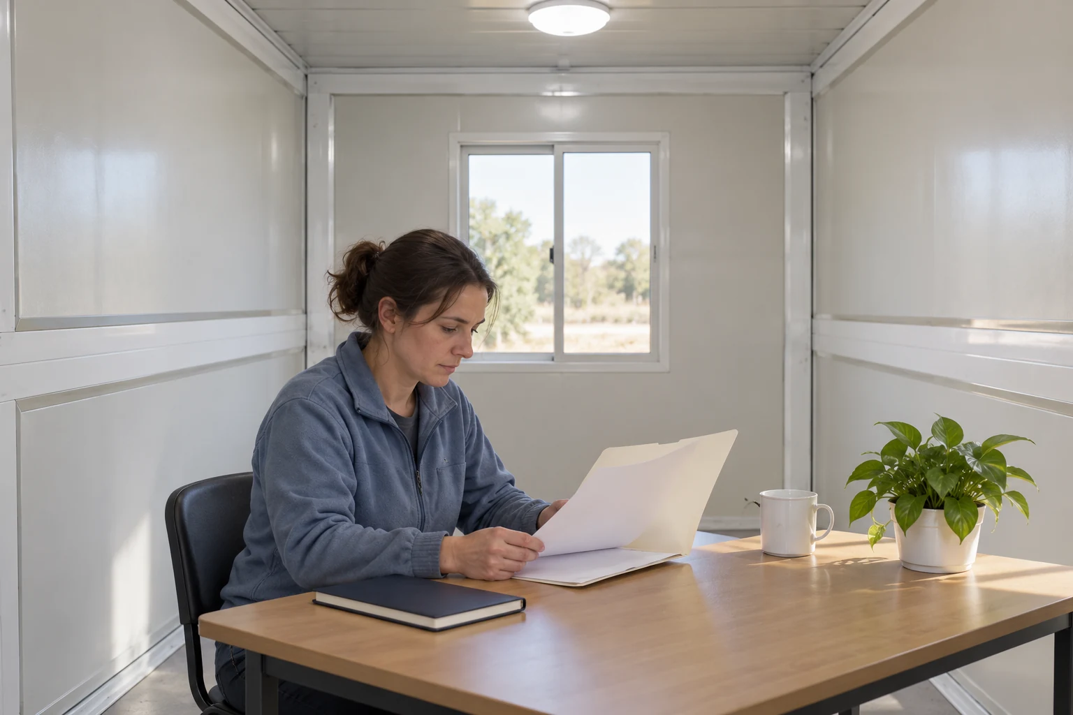 Generated illustration of an operator recording the identity and document references for a specific modular accommodation room