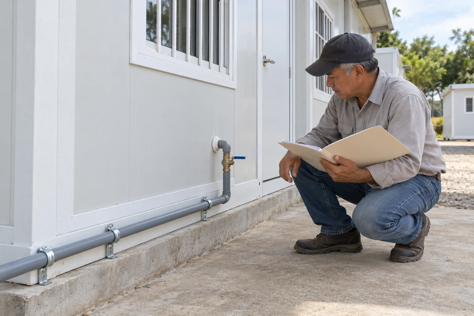 Coordinator comparing a service record with a continuous supported external water connection at a modular housing unit