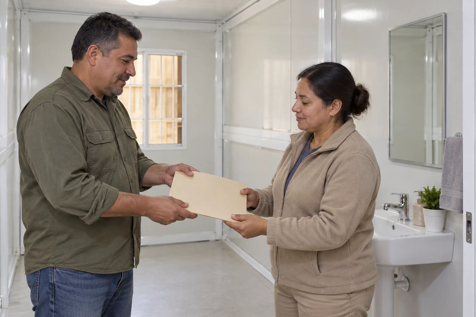 Generated illustration of a facilities coordinator handing a water-service record folder to an accommodation operator beside a finished wash area