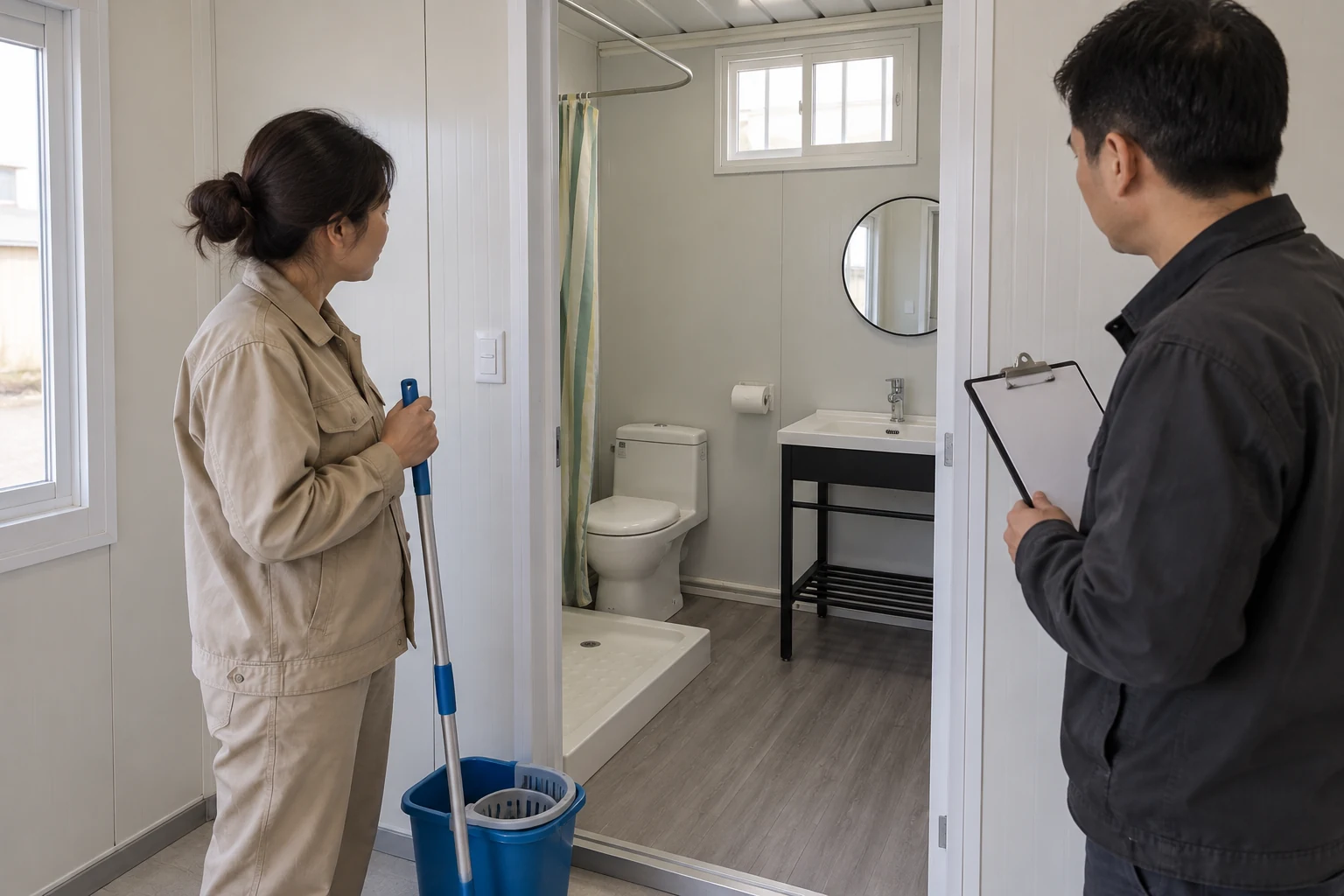 Generated illustration of cleaning equipment kept beside an ordinary bathroom while the cleaning-water history is discussed
