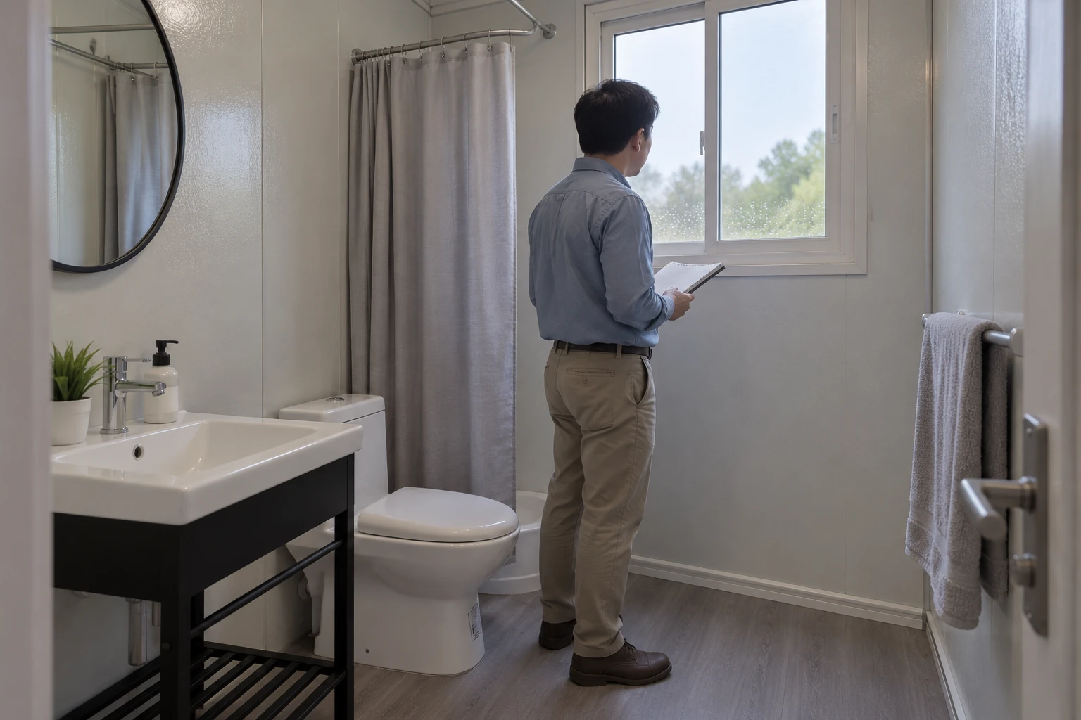 Generated illustration of small droplets on a bathroom window being observed separately from floor drainage