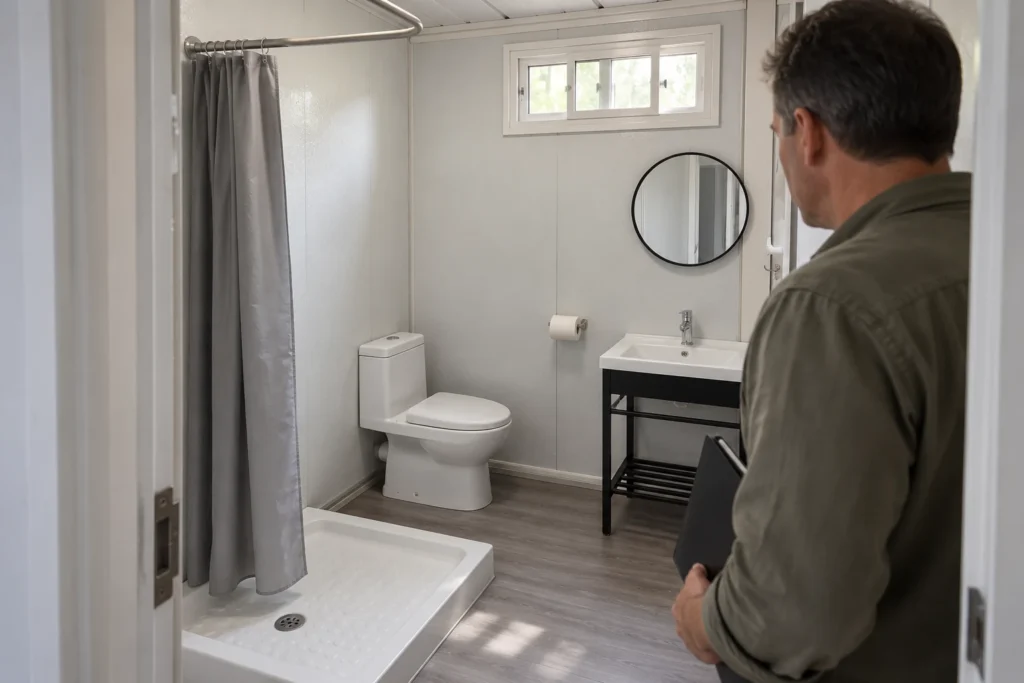 Generated planning illustration of an operator reviewing an ordinary modular bathroom from the doorway