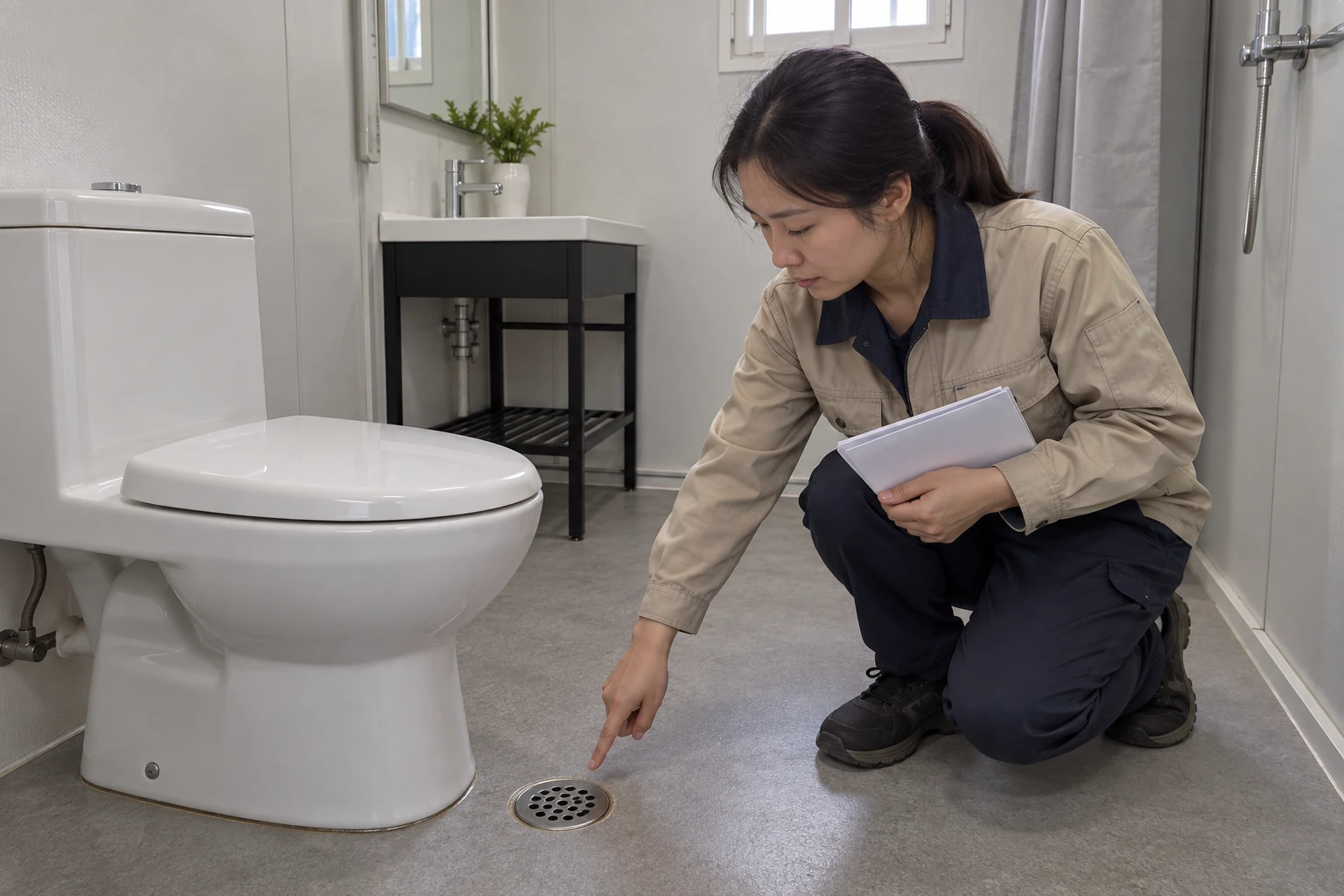 Generated illustration of an operator identifying a visible floor drain cover in a compact modular bathroom without opening it