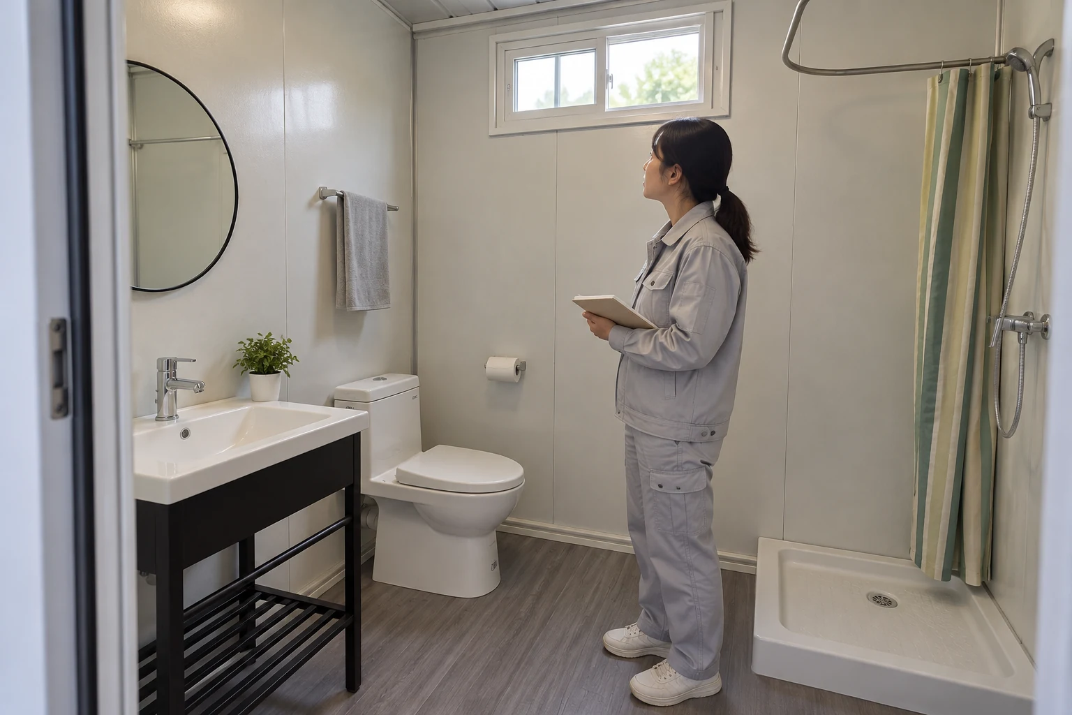 Generated illustration of an operator recording the ordinary ventilation and room context of a compact modular bathroom