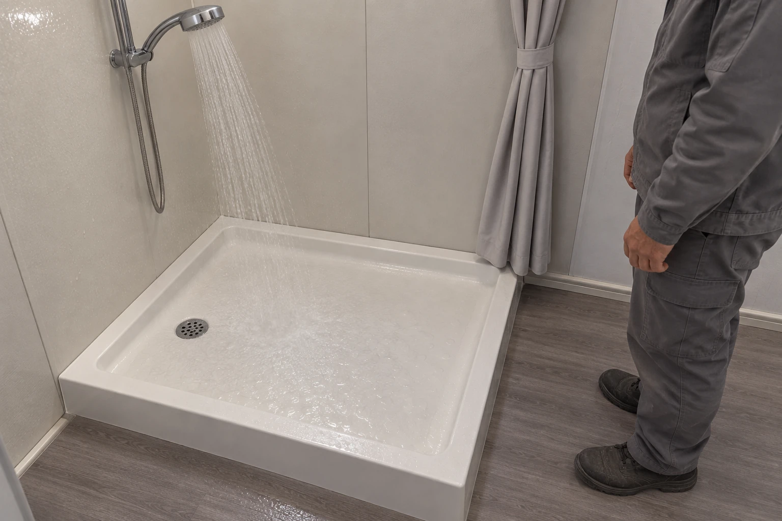 Generated illustration of a supported shower head directing water into a visible pan while an observer stands on adjacent dry floor