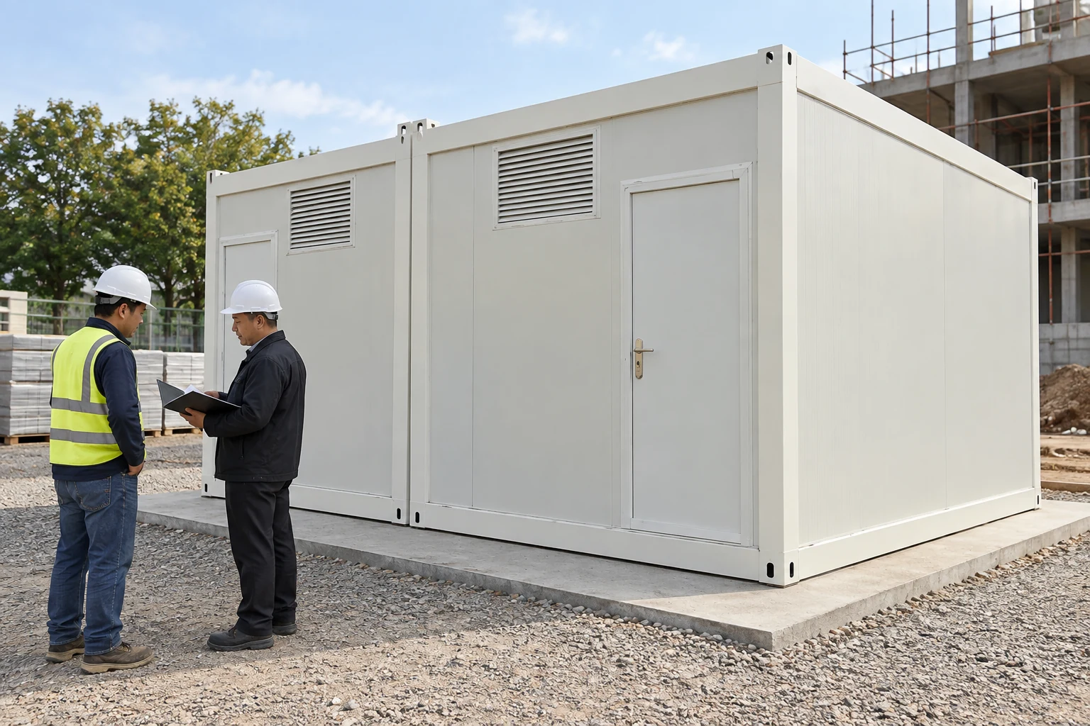 Generated illustration of an operator and an installer comparing an installation record beside a completed sanitation module