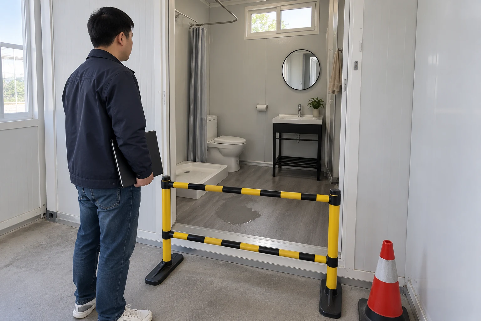 Generated illustration of a portable barrier at a bathroom entrance while a damp floor is being reviewed