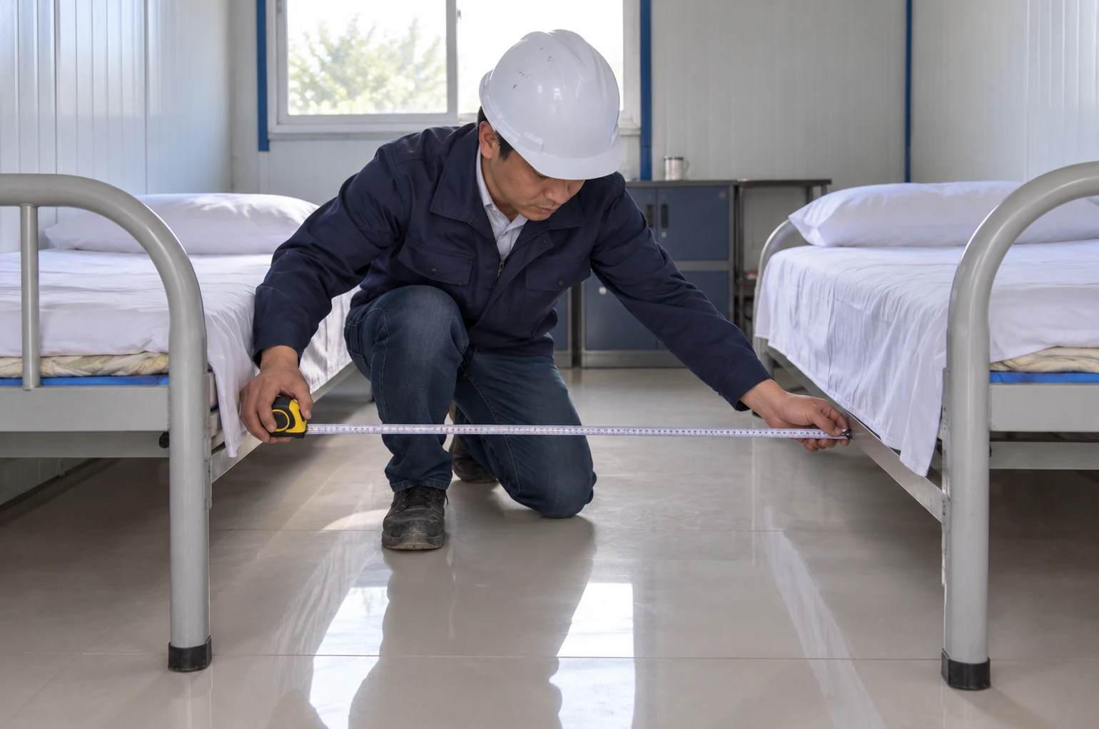 Illustrative room-layout check with a tape extended between two single bed frames