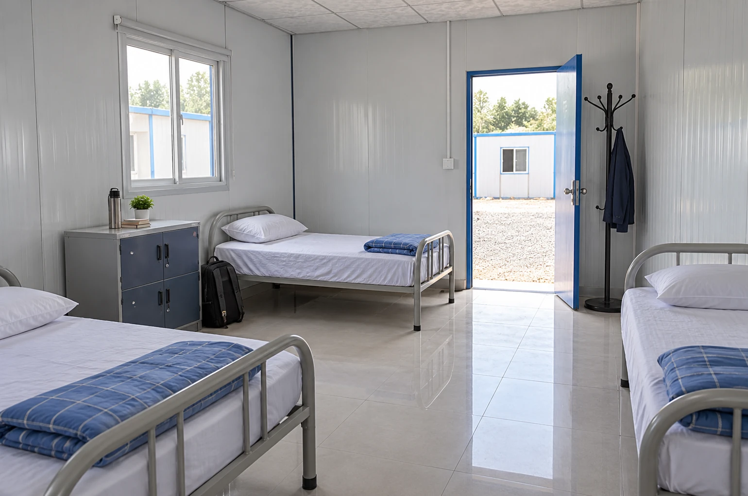 Illustrative prefab dormitory room with single beds, storage and a clear route to the door